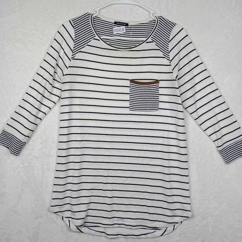 Pink Clover Womens Striped‎ Raglan Long Sleeve Top White Black Small Pocket Trim